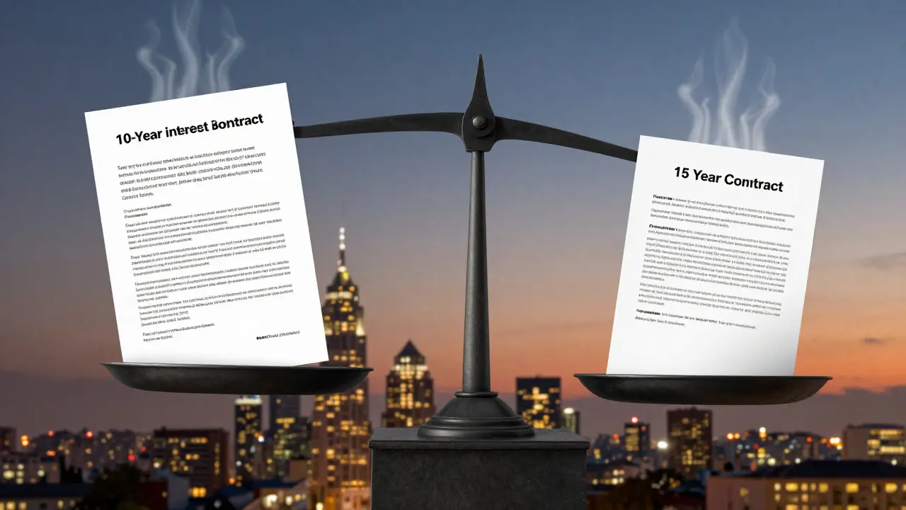 Waage mit 10- und 15-jähriger Zinsbindung über einer Stadtlandschaft, Symbol für Risiko und Sicherheit.