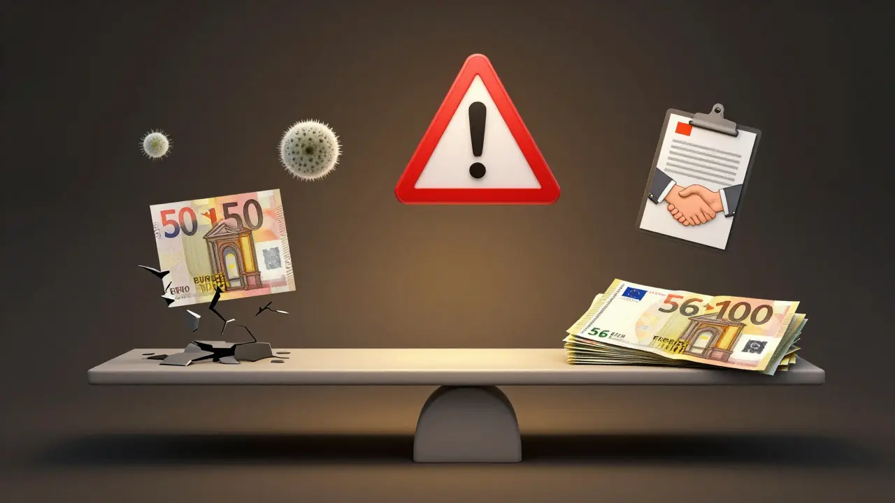 Waage mit 650 Euro Gutachterkosten gegen 56.100 Euro gesparte Reparaturkosten, umgeben von Mängelsymbolen.