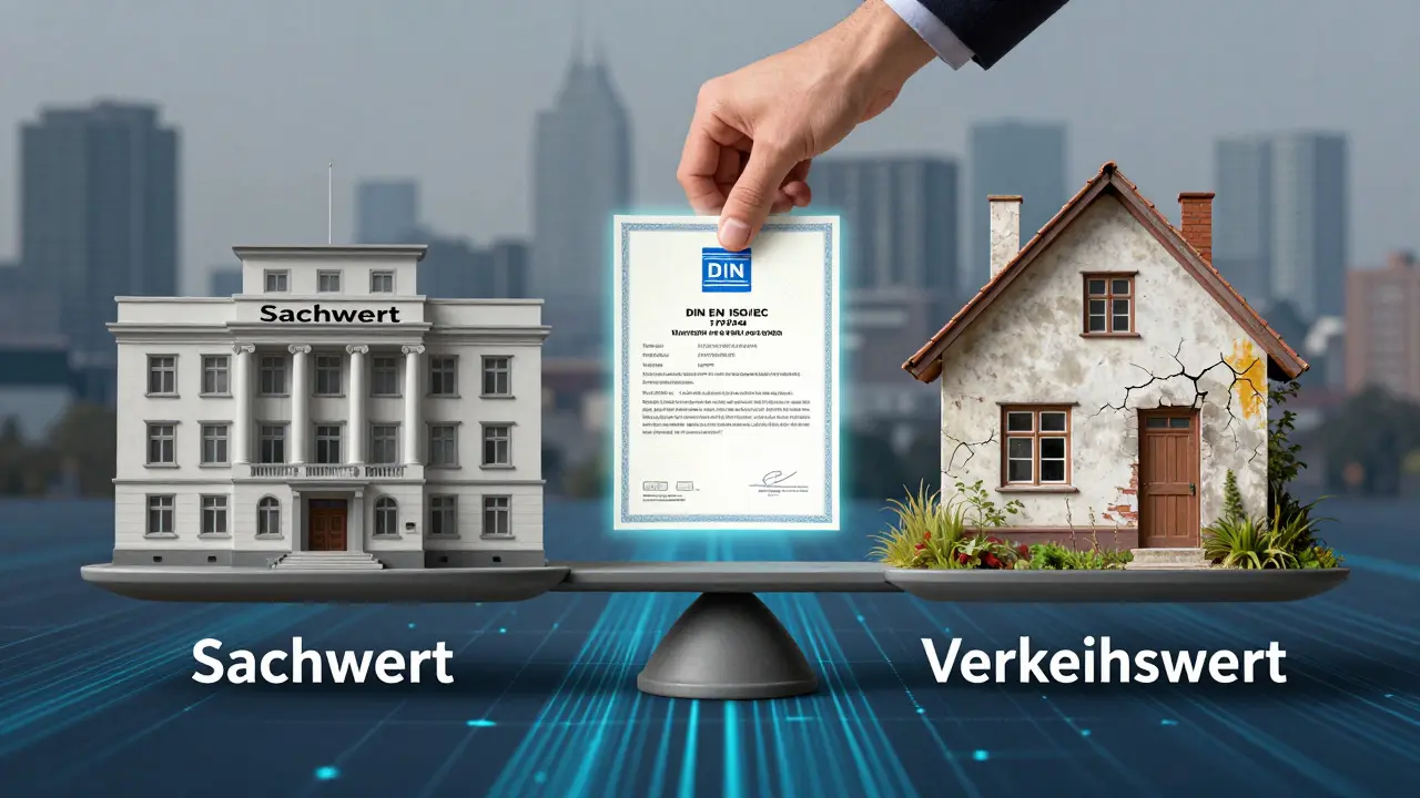 Waage mit steuerlichem Sachwert gegenüber tatsächlicher Marktwert eines renovierungsbedürftigen Hauses.