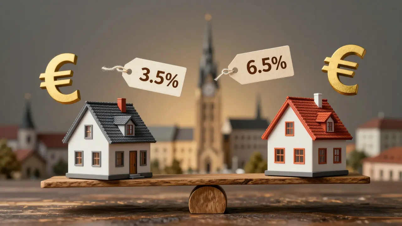 Waage mit zwei Häusern: eines teuer mit niedriger Steuer, eines günstig mit hoher Steuer.