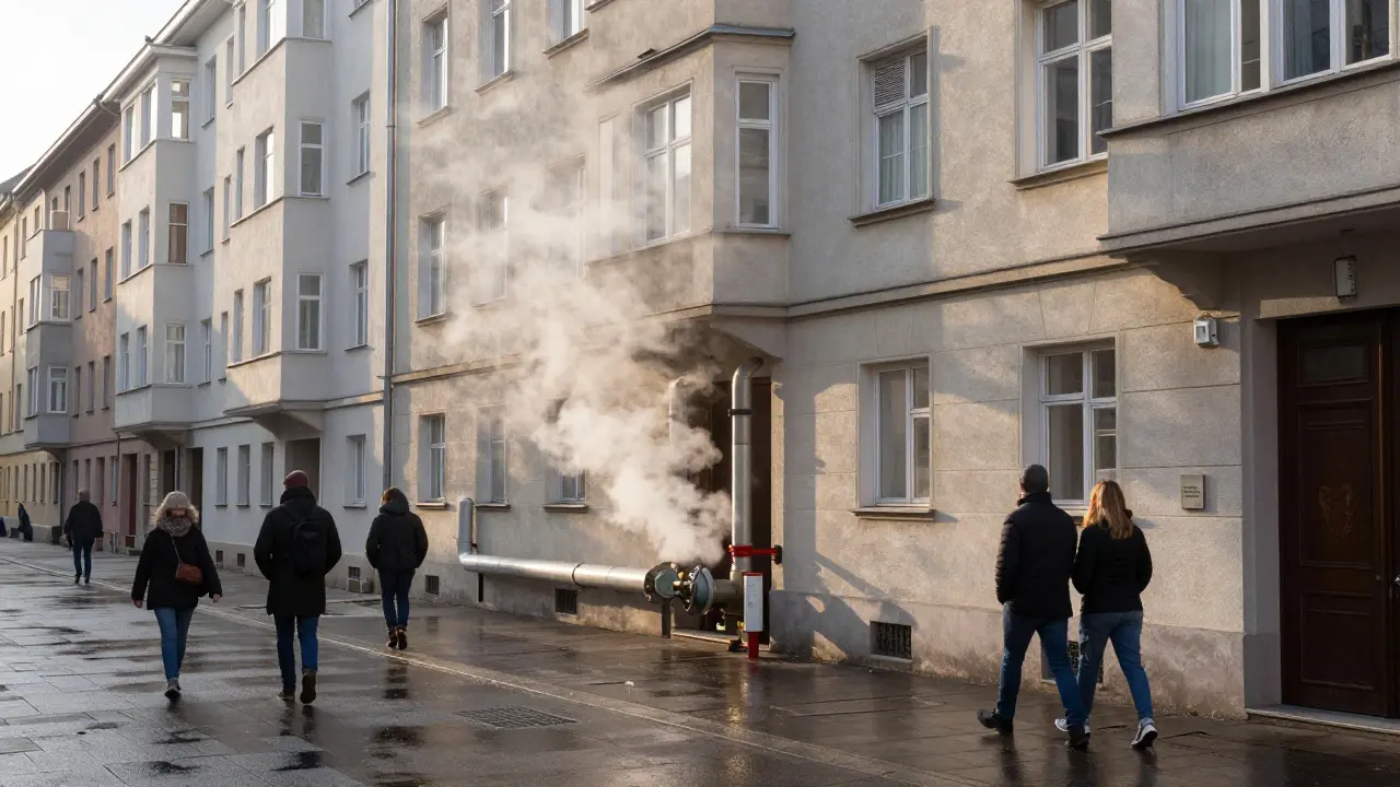 Wiener Mehrfamilienhausreihe mit zentraler Fernwärmeversorgung und sanftem Dampf aus den Leitungen.