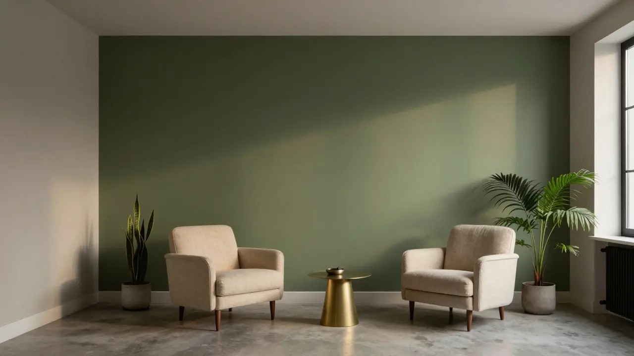 Wohnzimmer mit dunklem Olivgrün als Akzentwand, hellem Grau und modernen Möbeln in natürlichem Licht.