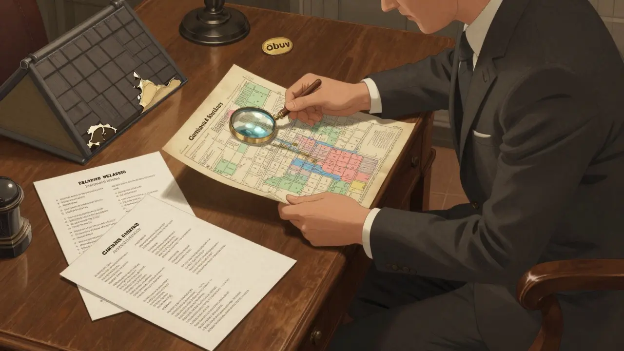 Zertifizierter Sachverständiger vergleicht Grundstückswertkarte mit Gutachten auf einem alten Schreibtisch.