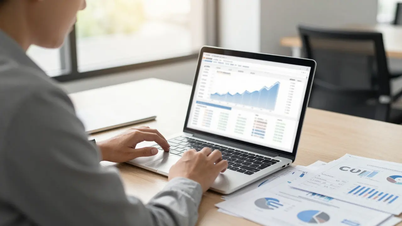 Analystin analysiert Finanzdaten auf Laptop mit Grundrissen im Büro.