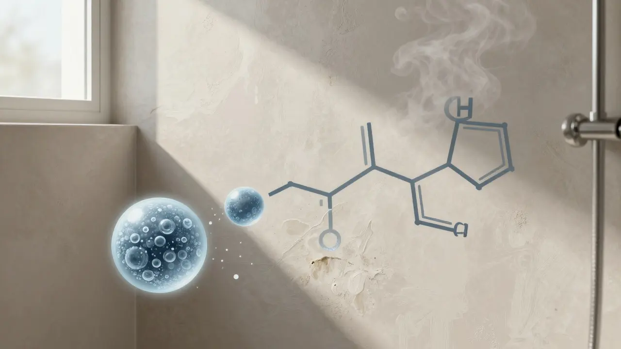 Badezimmerwand mit Silikatfarbe, die Wasserdampf durchlässt und schimmelfrei bleibt.