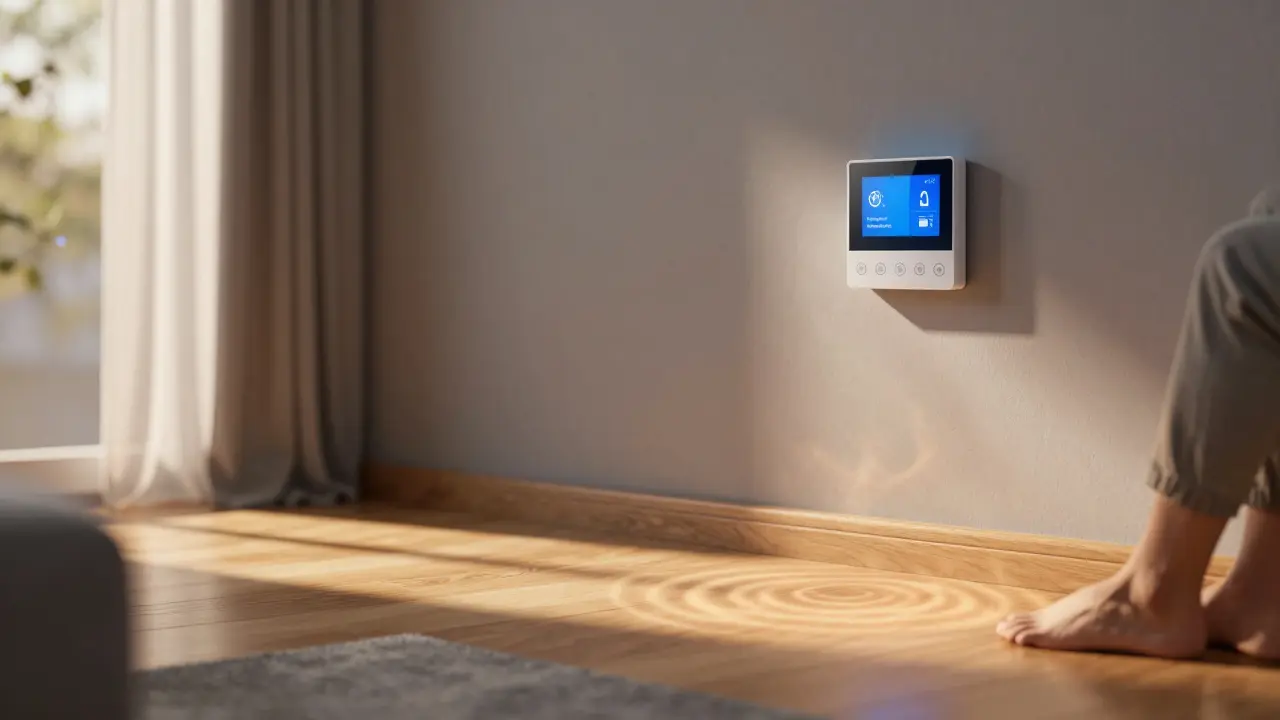 Barfuß auf warmem Holzboden in einem sonnigen deutschen Wohnzimmer, sanfte Wärme steigt auf, smartes Thermostat im Hintergrund.