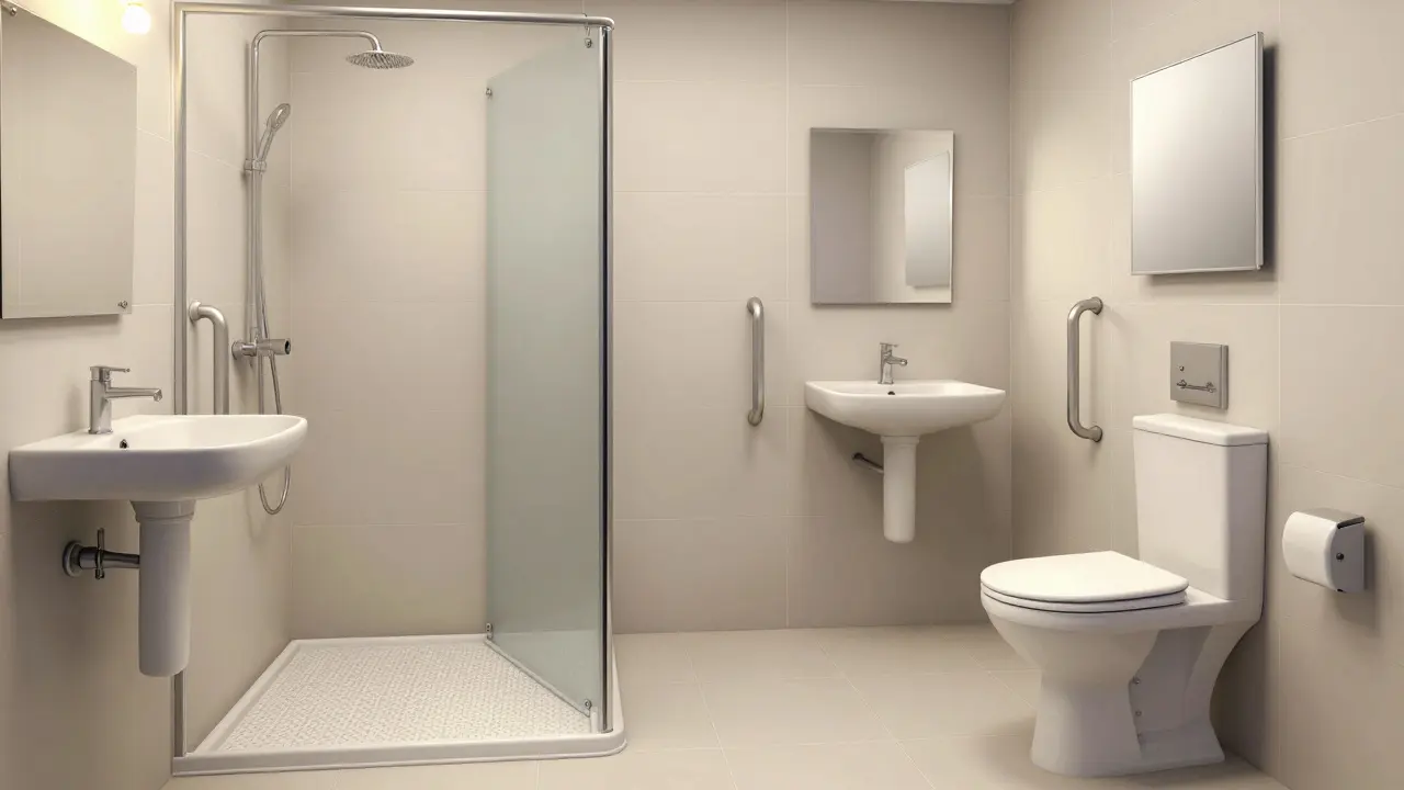 Barrierefreies Badezimmer mit ebenerdiger Dusche, Haltegriffen und unterschranklosem Waschbecken.