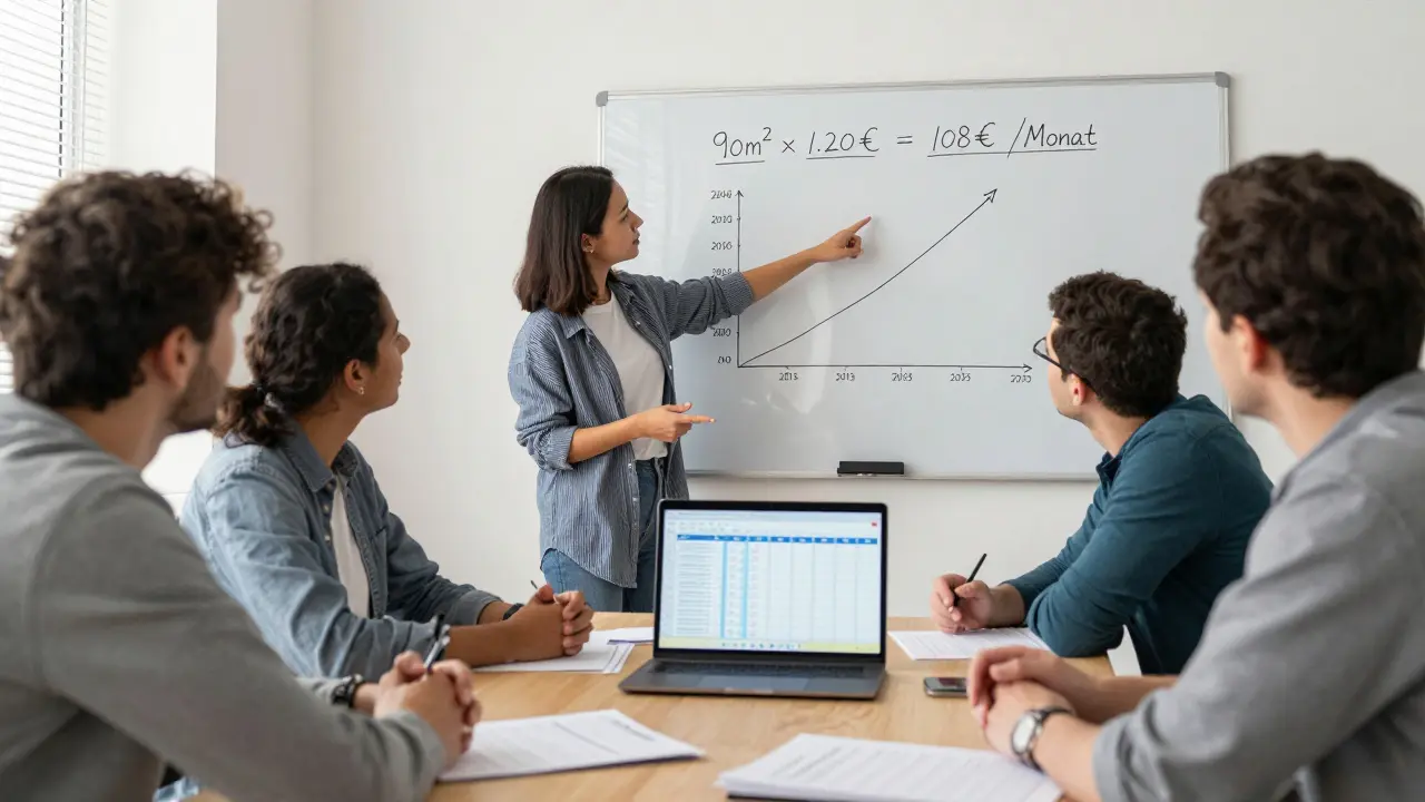 Bewohner in einer Eigentümerversammlung betrachten eine Projektion steigender Kosten auf einem Whiteboard.