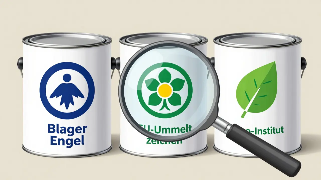 Drei Farbdosen mit Zertifizierungszeichen und Lupe zur Detailbetrachtung.