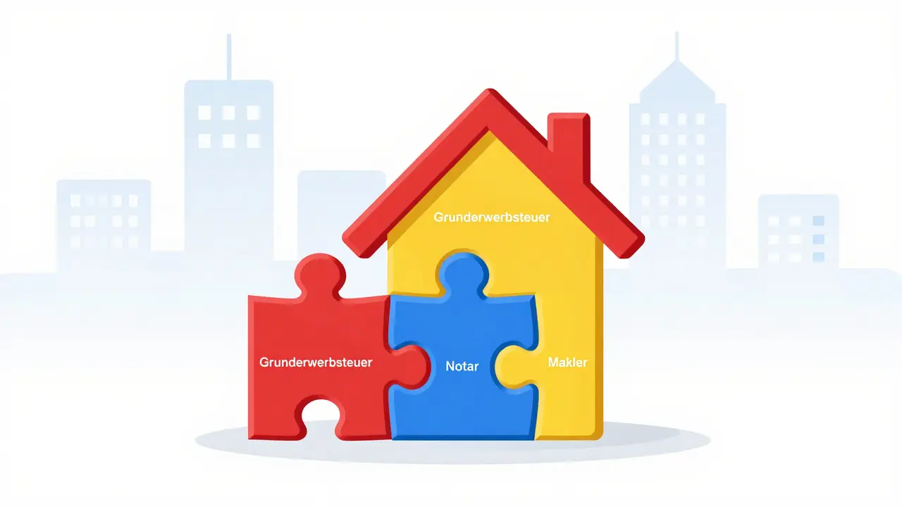 Drei Puzzle-Teile formen ein Haus, symbolisieren Steuer, Notar und Maklerkosten.