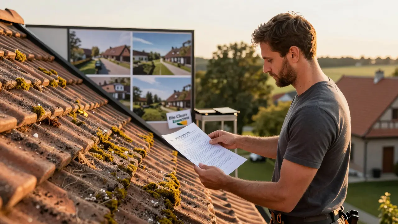Ein Dachdecker übergibt einem Hausbesitzer einen Dokumentationsbericht nach einer professionellen Dachreinigung.