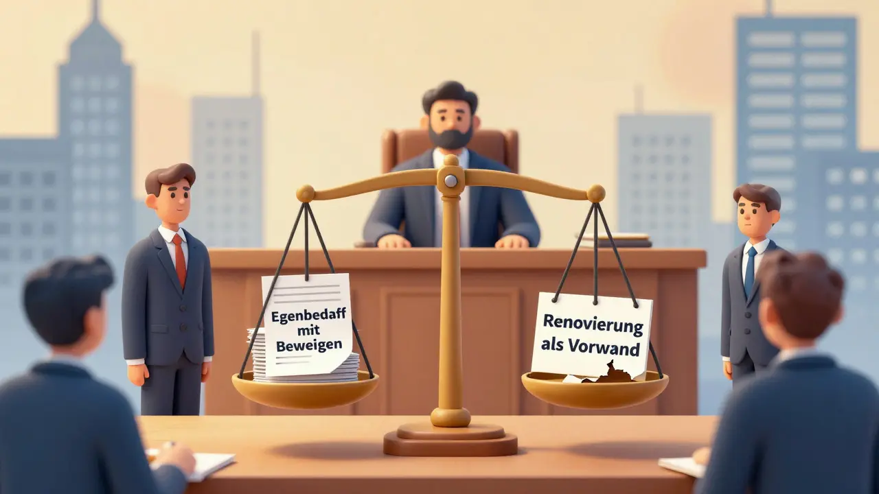 Ein Gerichtsszenario mit Waage, die echten Eigenbedarf gegen missbräuchliche Kündigung abwägt.