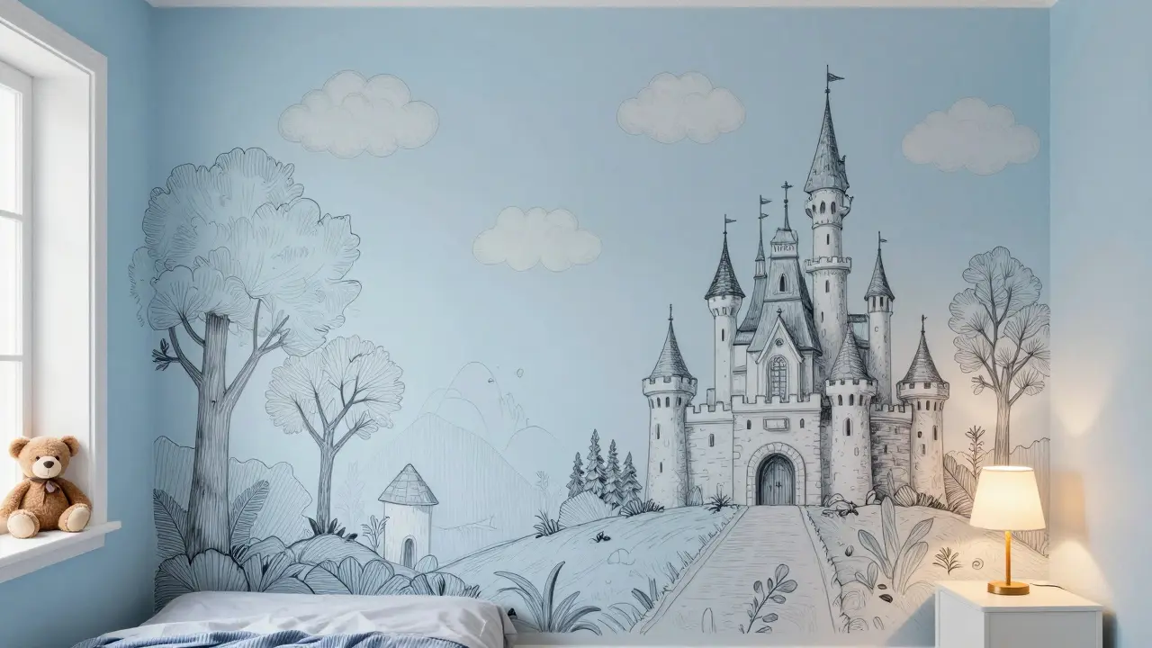 Ein Kinderzimmer mit einer Wand, die das eigene Kinderbild als Wandtäfelung zeigt, sanft beleuchtet und emotional.