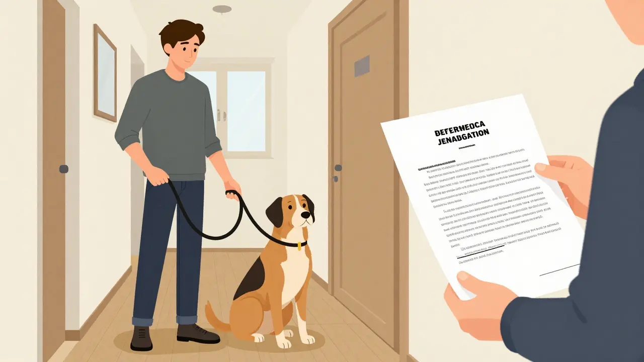 Ein Mieter mit einem ruhigen Hund und ein Vermieter in einem Hausflur, der einen Mietvertrag hält.