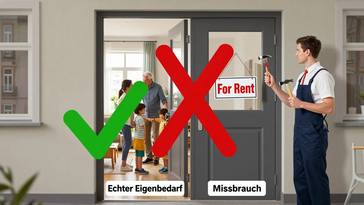 Eine gespaltene Tür: Eine Familie zieht ein – rechts ein Vermieter mit Farbe und 'Zu vermieten'-Schild.