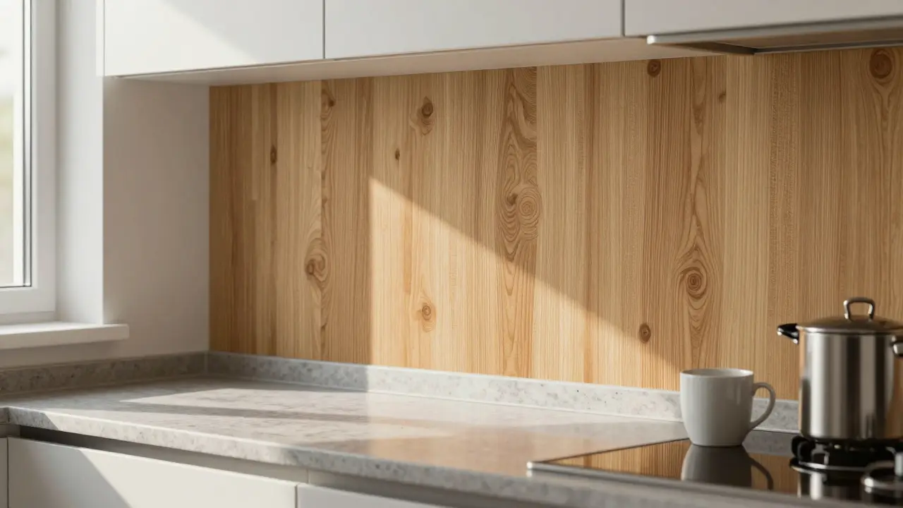 Eine Küche mit holzoptischer, wasserfester Tapete, kombiniert mit Edelstahl und Steinarbeitsplatten.