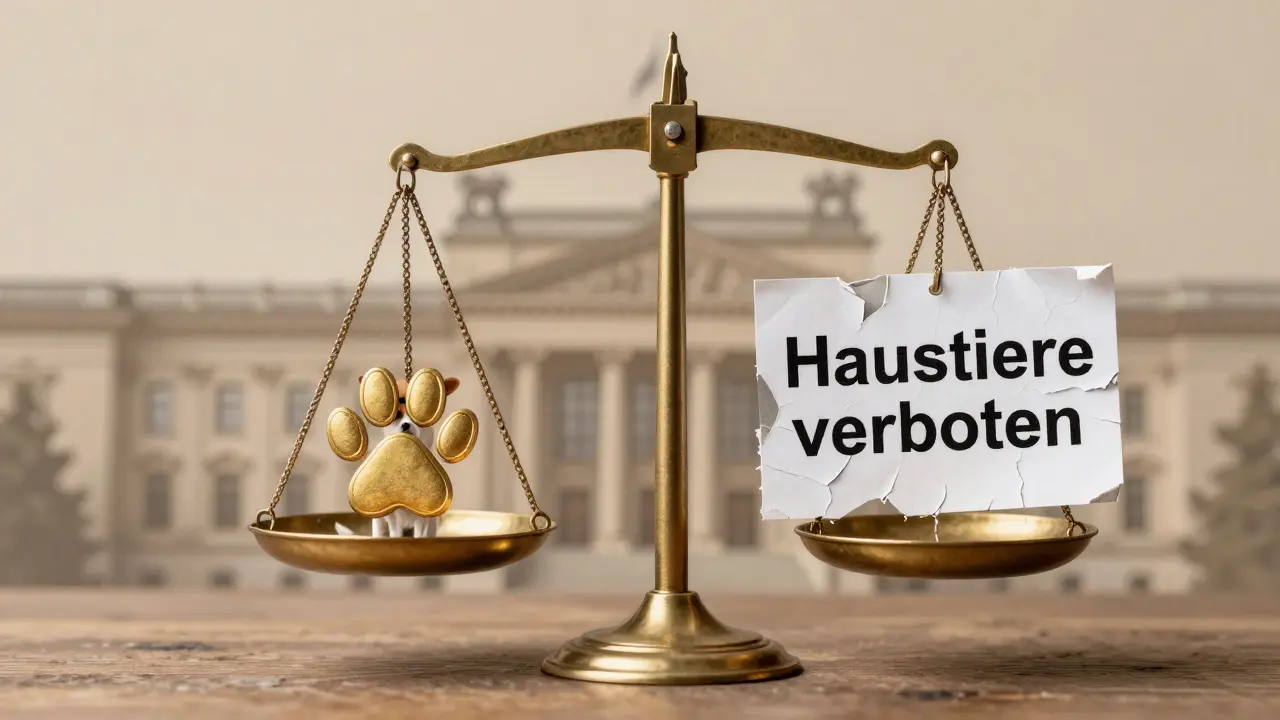 Eine Waage, die Haustierrechte gegen eine ungültige Klausel im Mietvertrag abwägt.