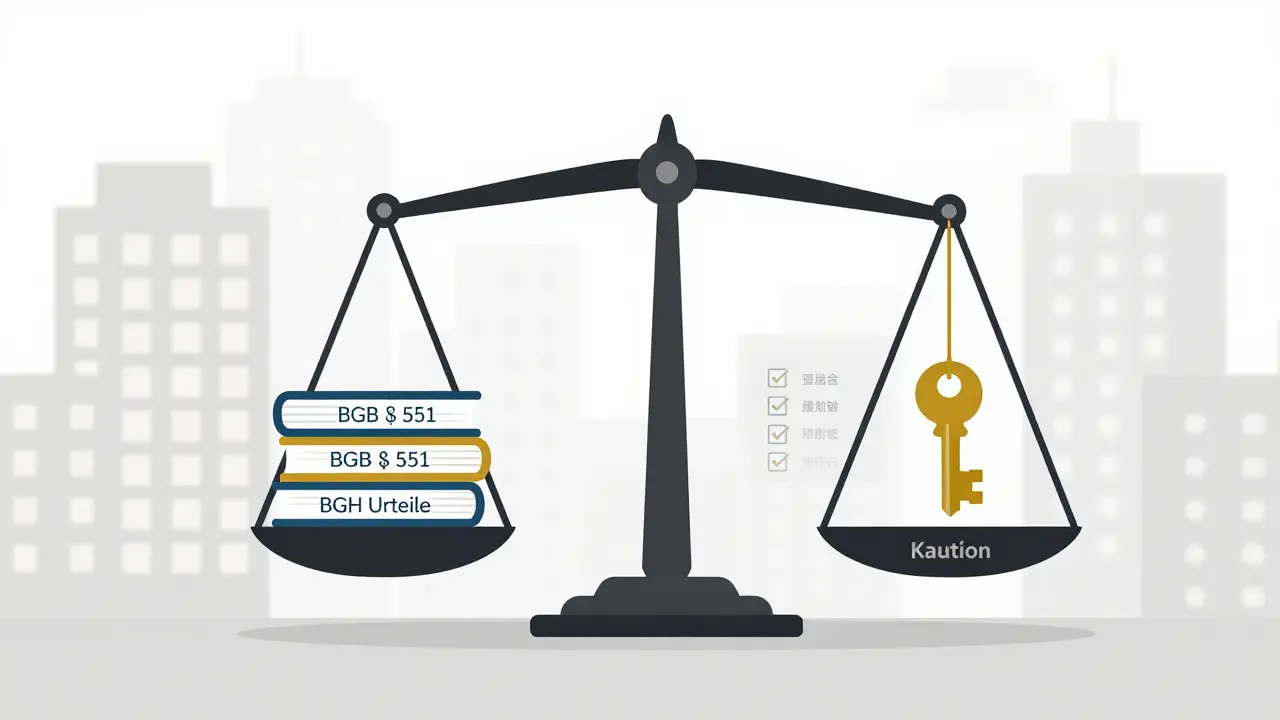 Eine Waage zeigt das Gleichgewicht zwischen rechtlichen Vorschriften und der Mietkaution, symbolisiert durch Bücher und einen Schlüssel.