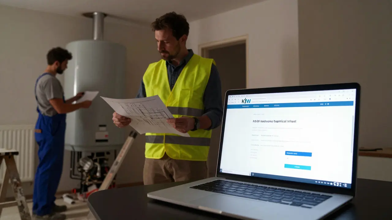 Energieberater und Handwerker bei Sanierungsplanung in einem alten deutschen Haus, KfW-Antrag auf Laptop sichtbar.