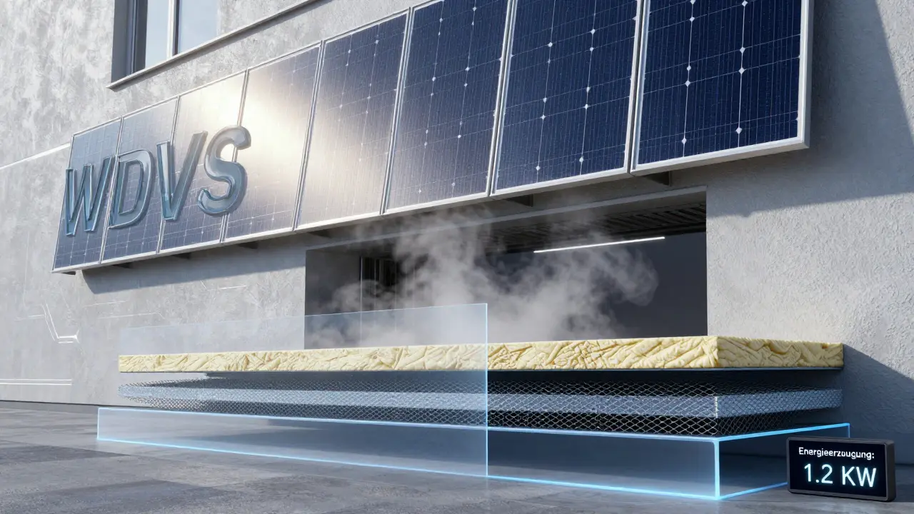 Fassade mit integrierter Photovoltaik im Wärmedämmverbundsystem, Sonnenlicht reflektiert, moderne Technik in grau-blauen Tönen.