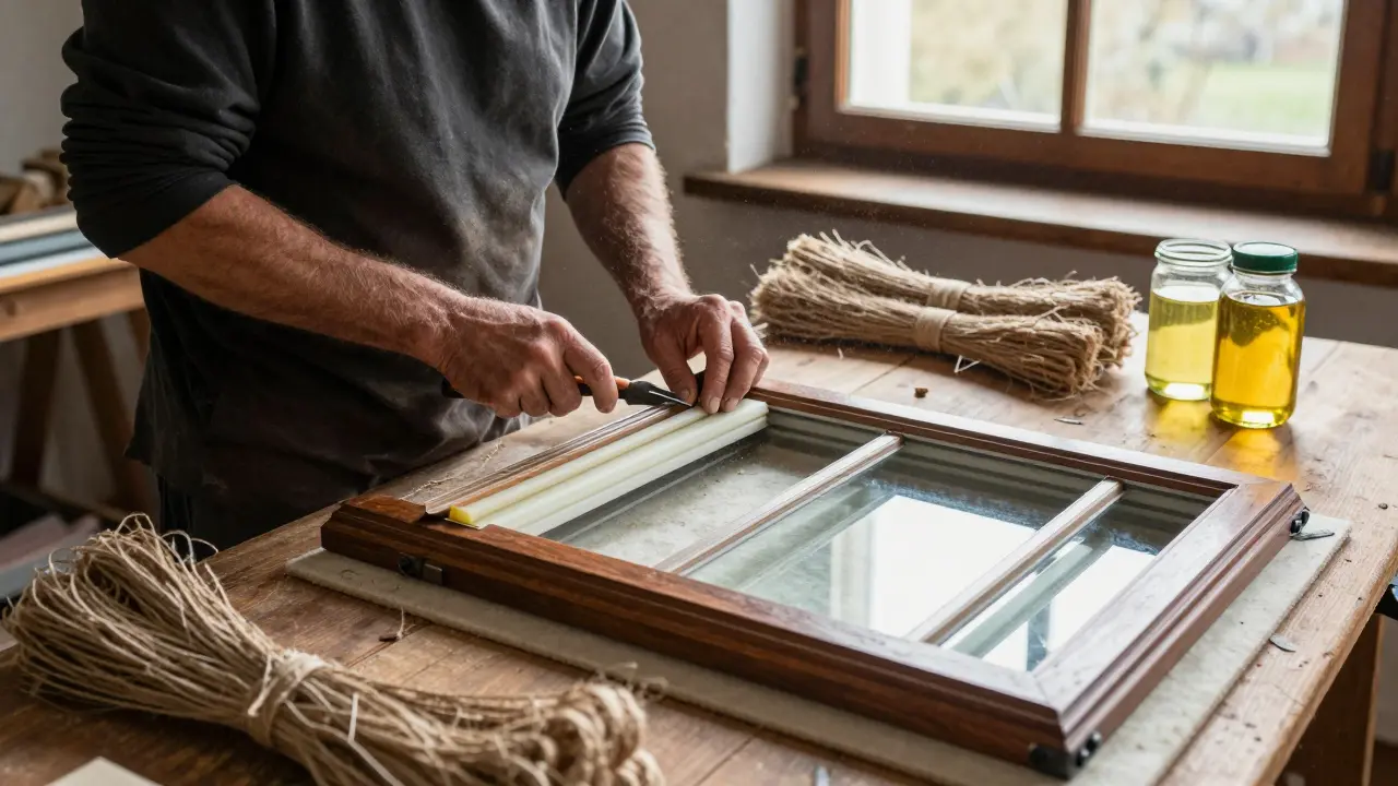 Handwerker entfernt alte Dichtmassen aus einem historischen Fenster, um sie mit Hanf zu ersetzen, neben Werkzeugen und Leinöl.