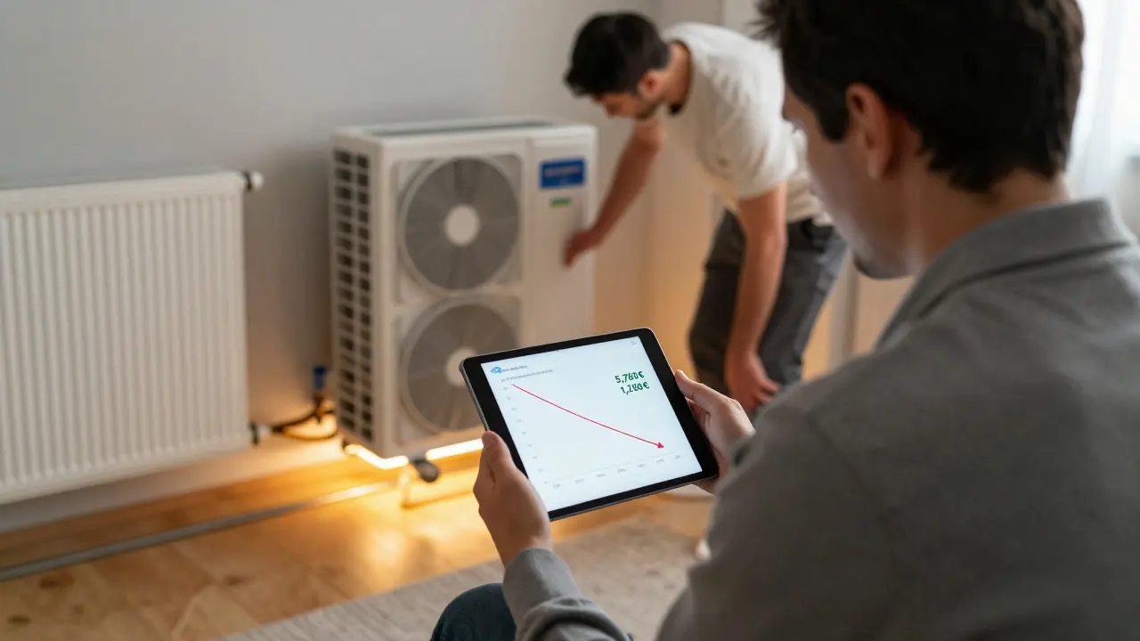 Hausbesitzer mit Tablet, das jährliche Heizkostenersparnis zeigt, neben einem Techniker, der eine Wärmepumpenanlage prüft.