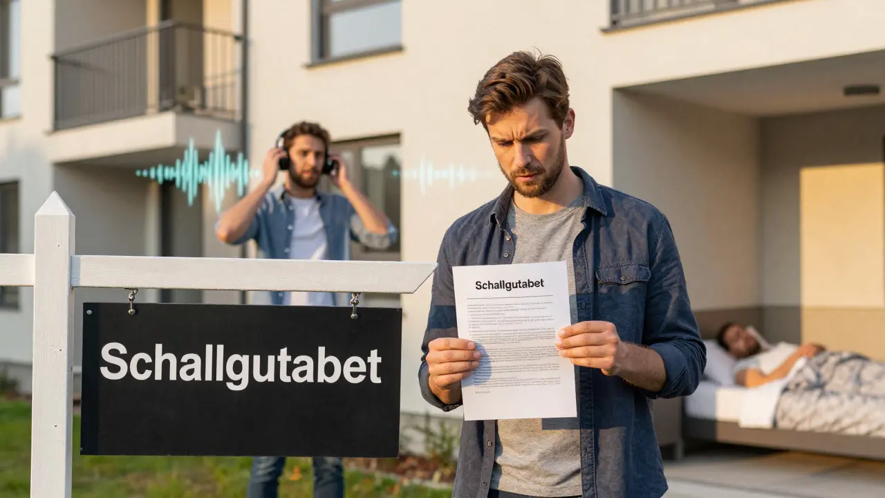 Käufer mit Schallgutachten vor Apartmenthaus, während Nachbar Lärm macht und jemand ruhig schläft