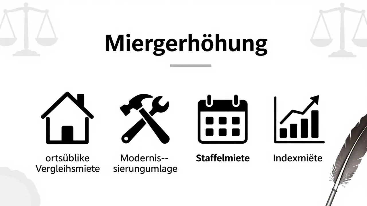Legaler Überblick über die vier zulässigen Mietsteigerungswege in Deutschland mit Symbolen für Vergleichsmiete, Modernisierung, Staffel- und Indexmiete.