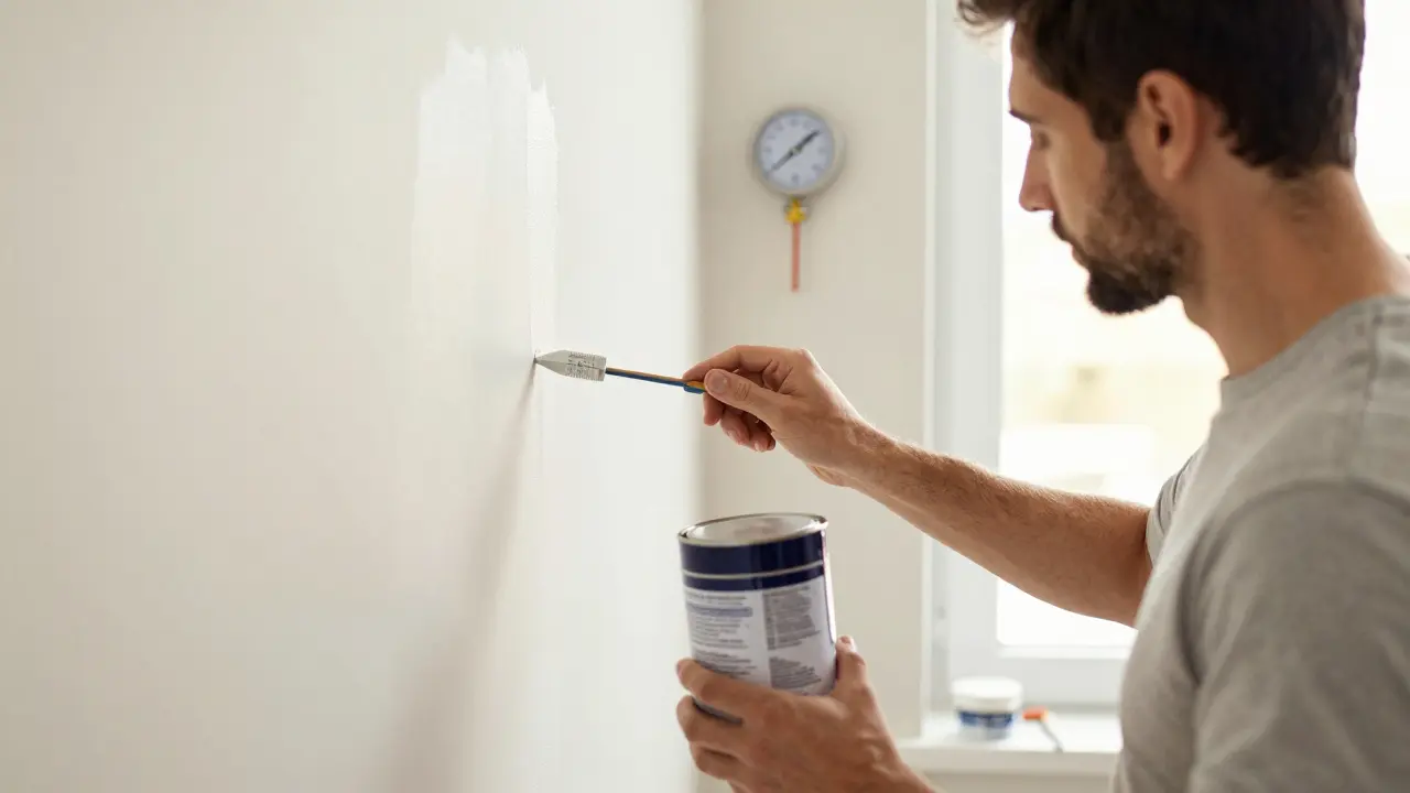 Maler prüft Inhaltsstoffe einer Farbdose bei optimalen Bedingungen.