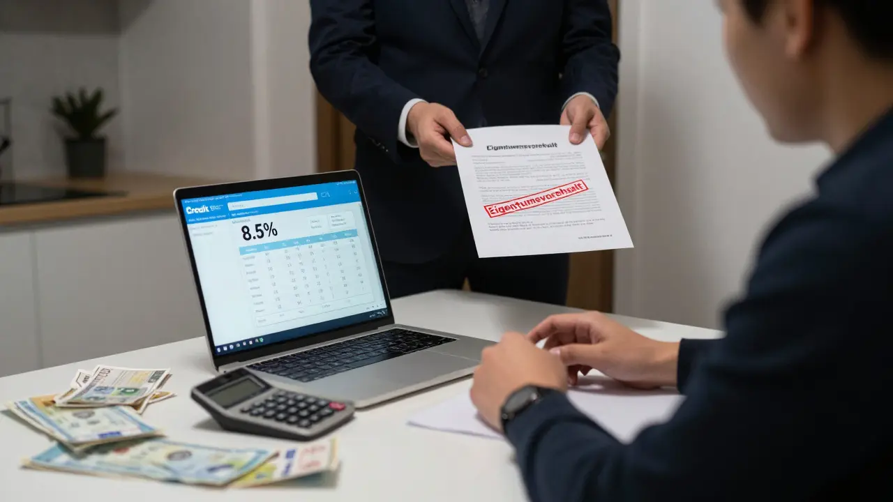 Mensch an Küchentisch mit Kreditrechner, Schatten einer Bankvertreterin in der Tür, Vertrag mit rotem Hinweis.