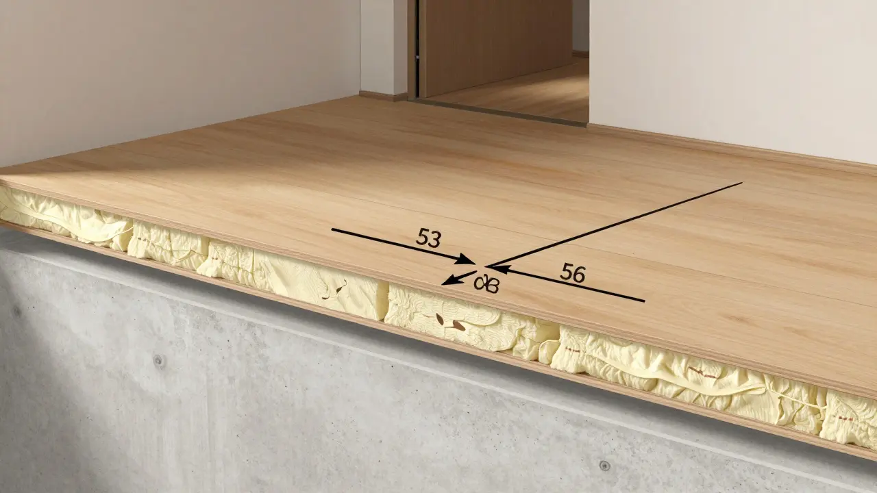 Querschnitt einer Wohnwand mit Schalldämmungsschichten und Lärmströmen von Nachbarn und Trittschall