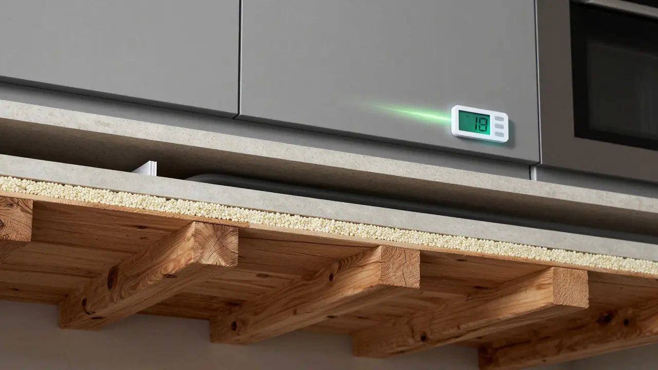 Querschnitt eines deutschen Wohnbodens mit Holzbalken, Trockenestrich-Platten, Heizrohren im Anhydritestrich und schwerem Möbel auf Zementestrich.