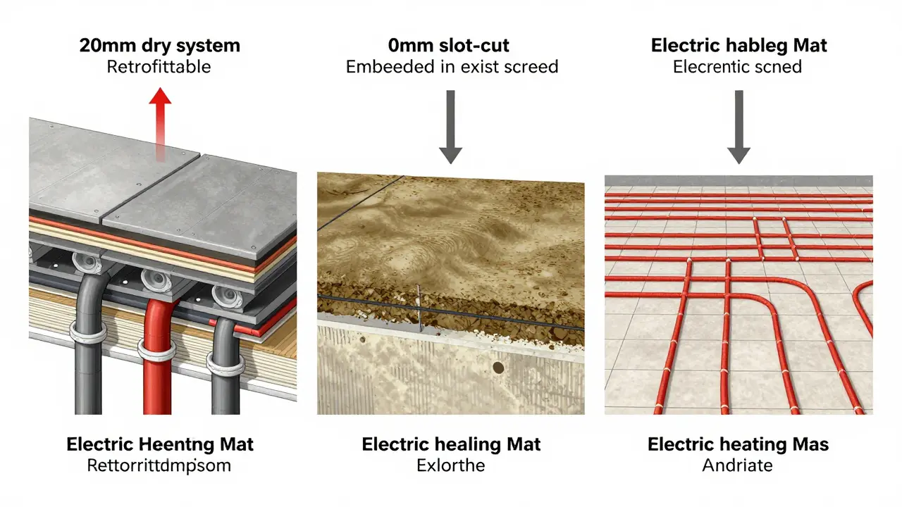 Querschnittsvergleich dreier Fußbodenheizungssysteme: Trocken, Fräsen und elektrisch, mit Dickenangaben und Wärmefluss.
