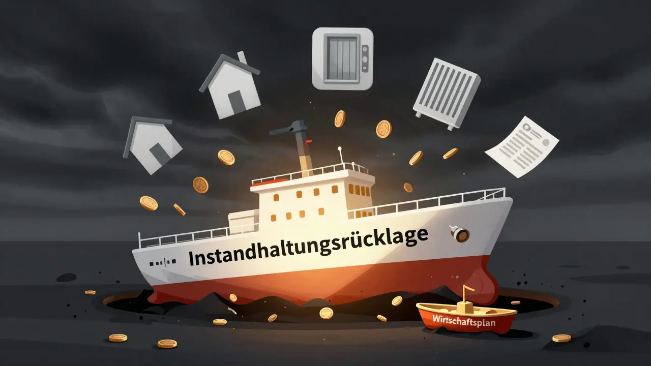 Symbolisches Bild eines sinkenden Hauses mit Geld, das in eine schwarze Lücke fällt, umgeben von Reparatur-Icons.