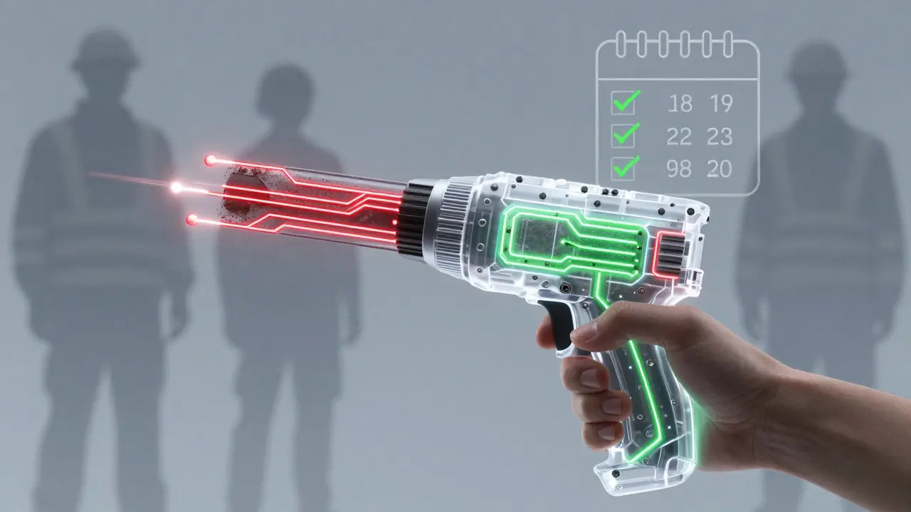 Transparenzansicht eines Elektrowerkzeugs mit belegten Wartungs- und Schadenspfaden.