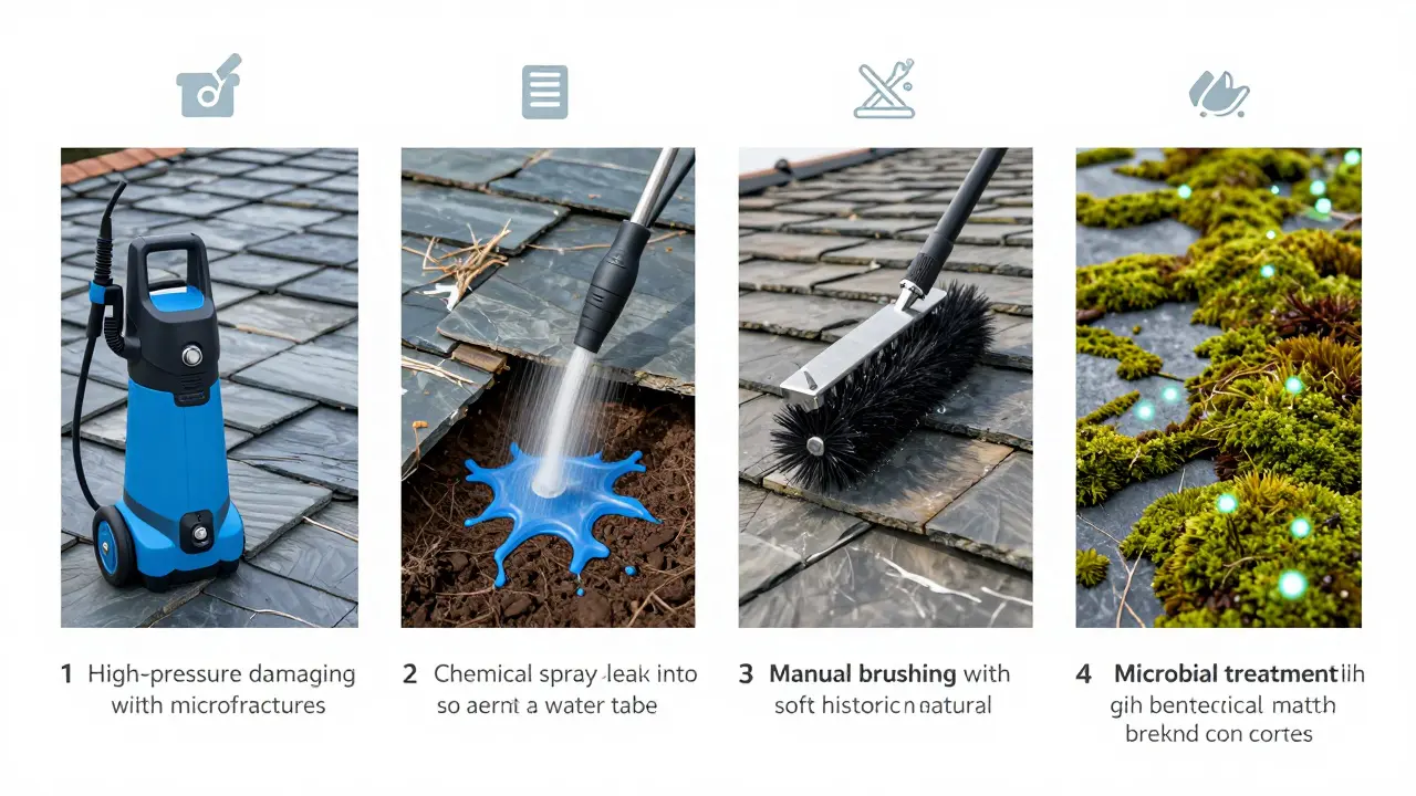 Vergleich der vier Dachreinigungsmethoden: Hochdruck, Chemie, manuell und mikrobiell – mit technischen Details und Schäden.
