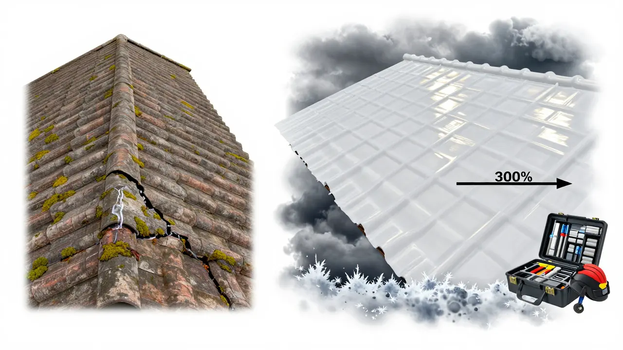 Vergleich von verwittertem Dach mit dünnem Siegel und neu beschichtetem, weißen, elastischen Dach.