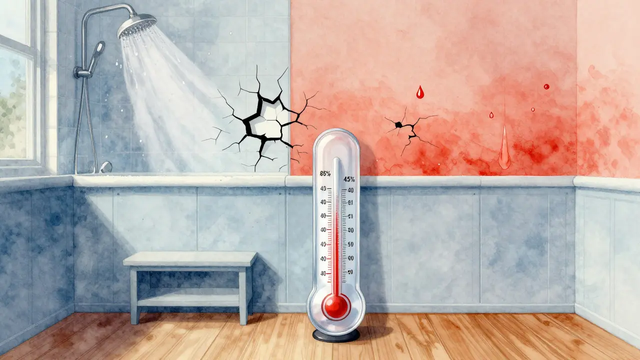 Vergleich zwischen feuchtem Anhydritestrich mit Rissen und trockenem Trockenestrich mit Möbeln in einem Wohnraum, dargestellt als watercolor-Szene.