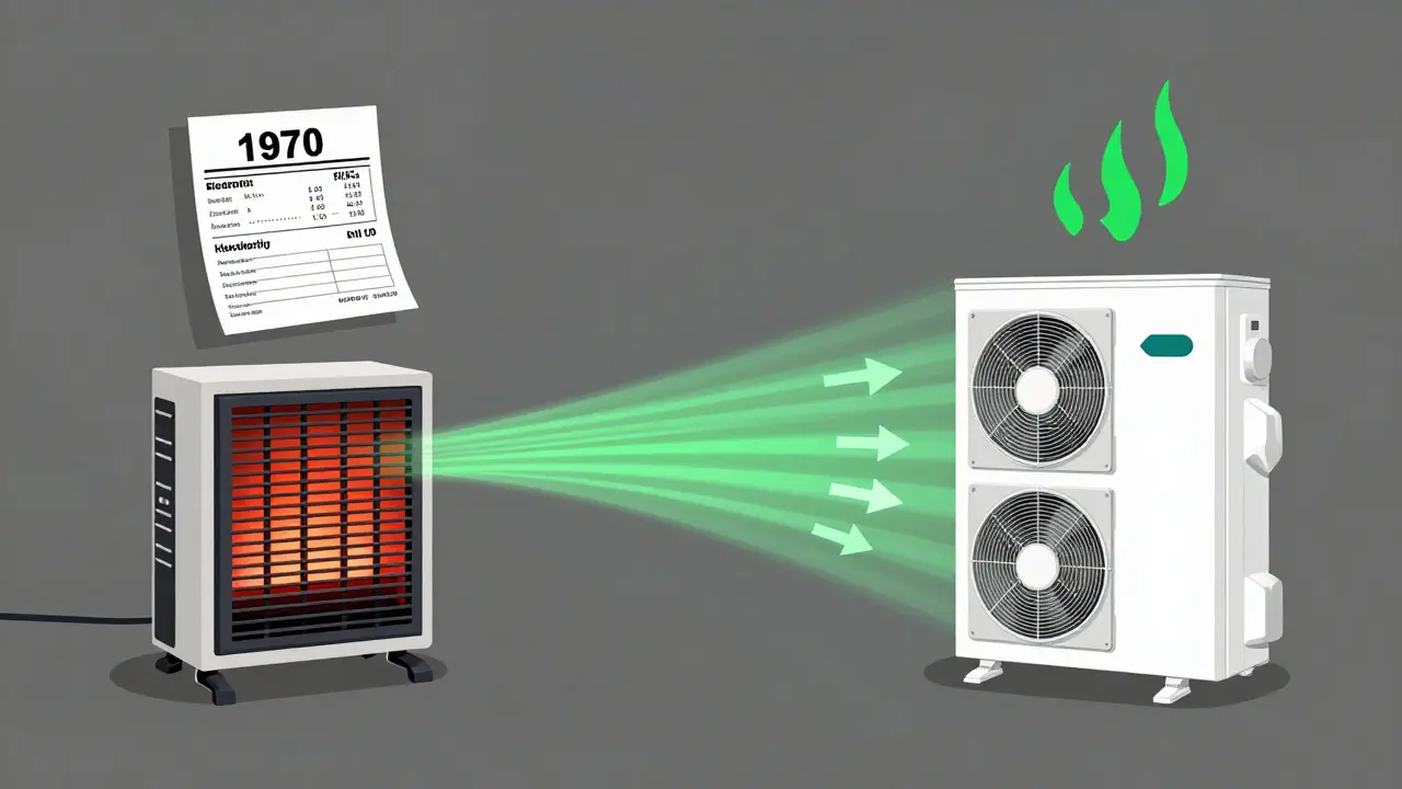 Vergleichsansicht: alte Elektroheizung mit hohen Kosten vs. moderne Wärmepumpe mit energieeffizienter Wärmeübertragung.