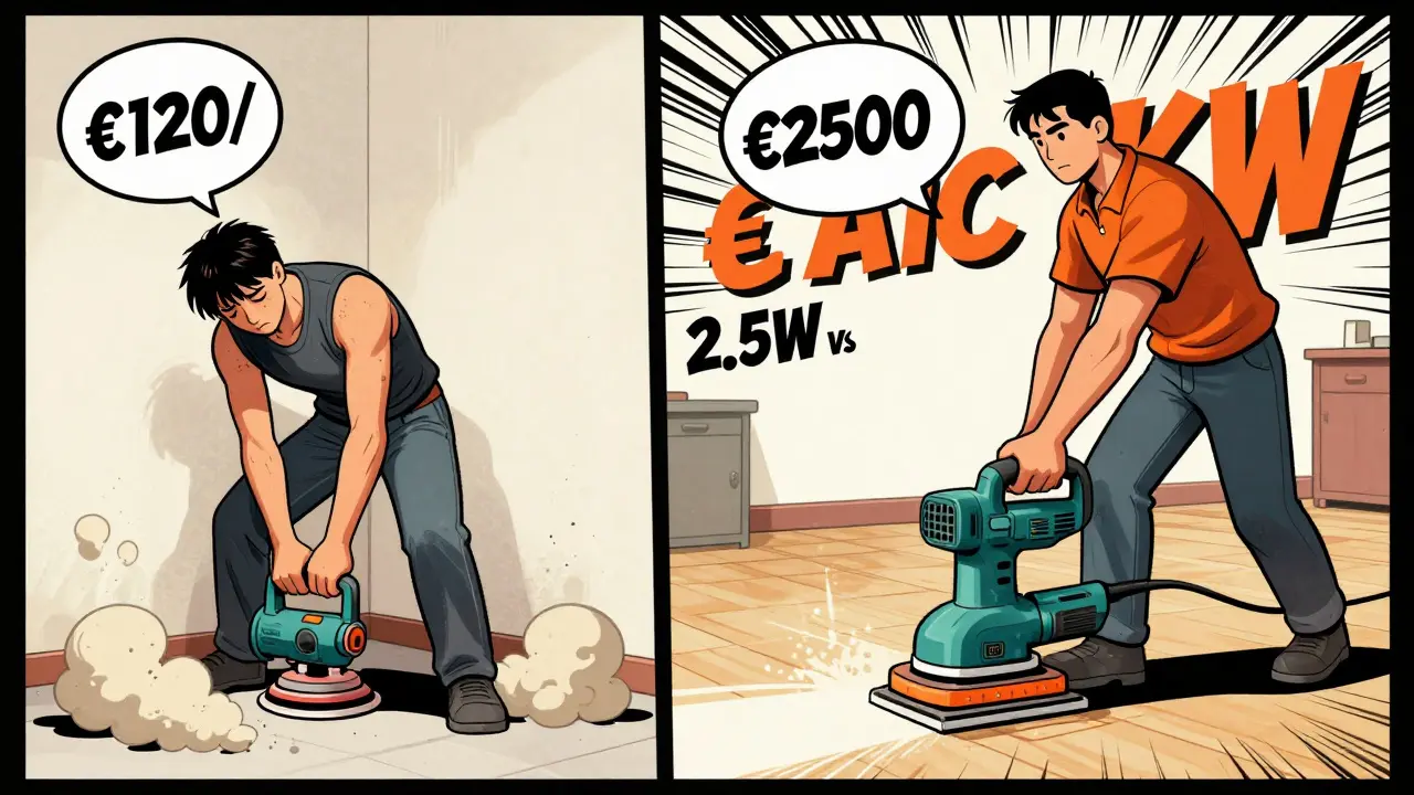 Vergleichsgrafik im Comic-Stil: Ein Laie mit kleiner Maschine im Staub vs. ein Profi mit leistungsstarker Maschine, die sauber schleift.