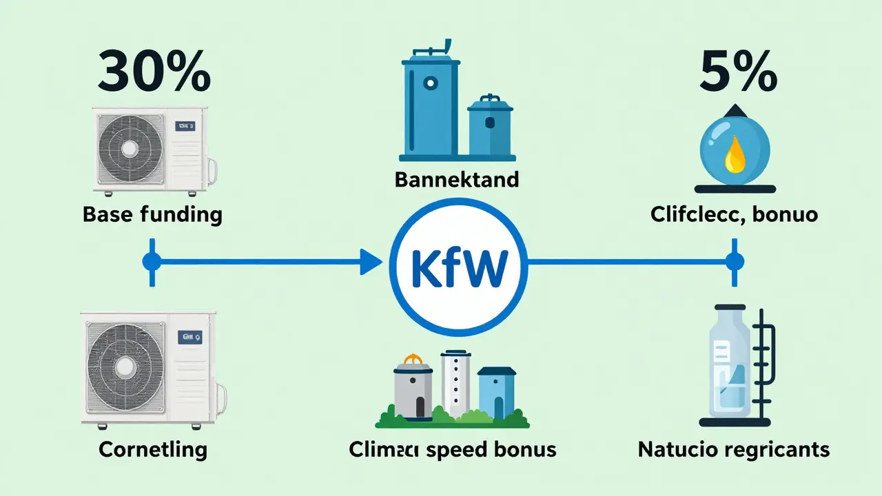 Visuelle Darstellung der drei Förderboni für Heizungsmodernisierung mit Symbolen für Wärmepumpen und Biomasse.
