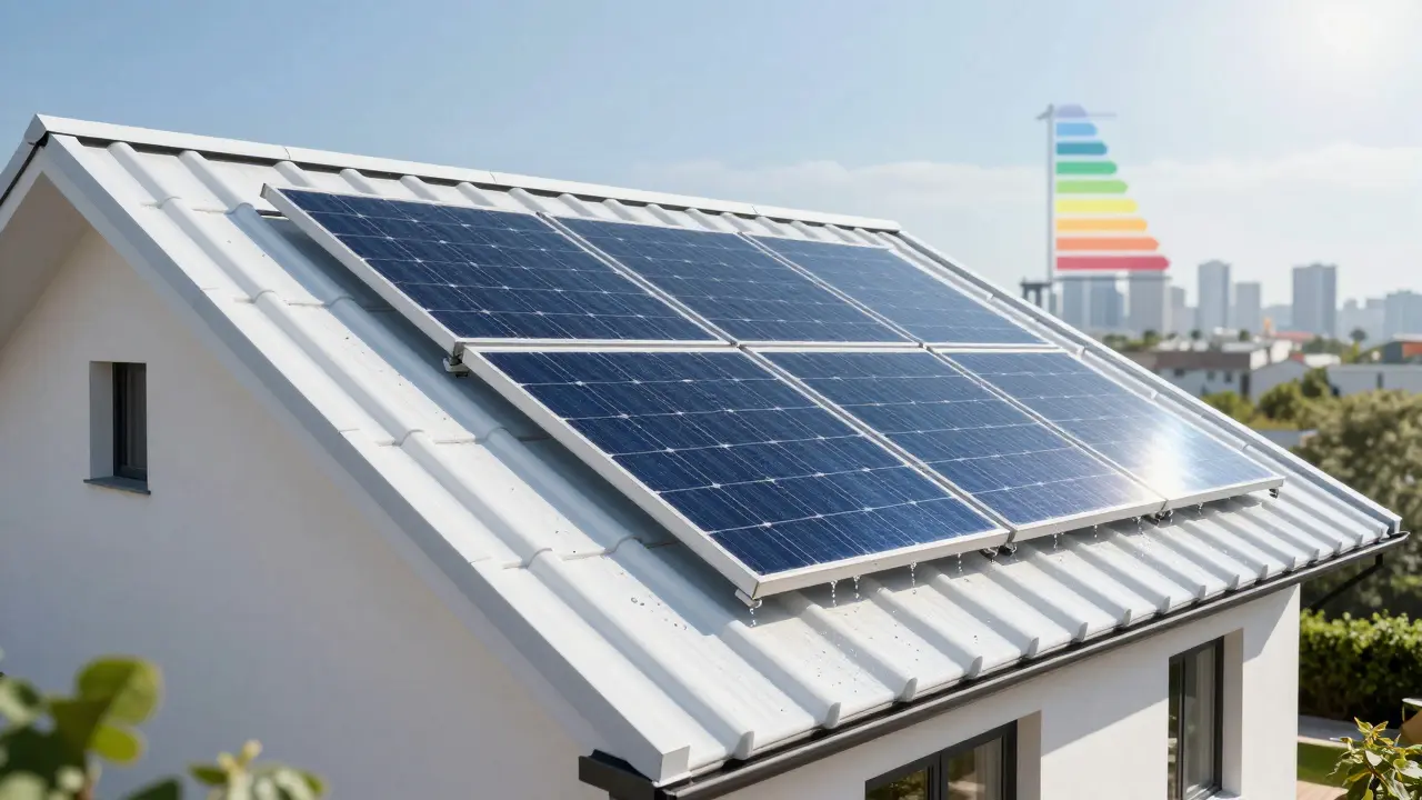 Weiß beschichtetes Dach reflektiert Sonnenlicht, Regen perlt ab, Solaranlage wirkt effizienter.