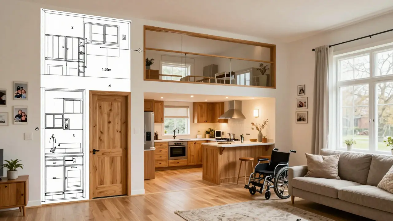 Wohnzimmer mit gekennzeichneten barrierefreien Anpassungen: breitere Türen, niedrige Lichtschalter und zweistufige Arbeitsplatte.