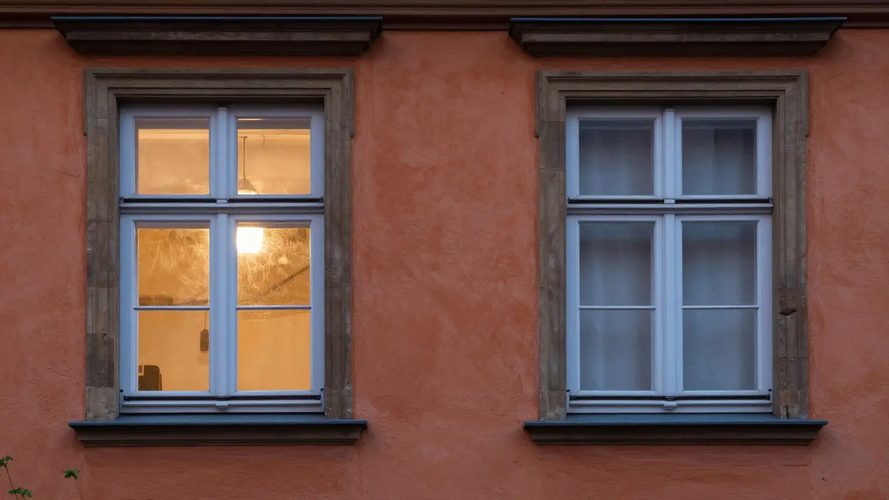 Zwei identische historische Fenster nebeneinander: eines mit originaler Verglasung, eines mit modernem Isolierglas hinter dem originalen Rahmen.
