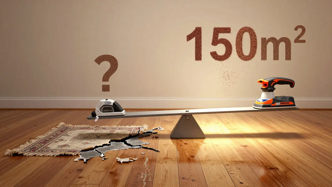 Zwei Zustände eines Holzbodens: links verschlissen, rechts poliert, mit Maschinen und Kosten als schwebende Symbole dargestellt.