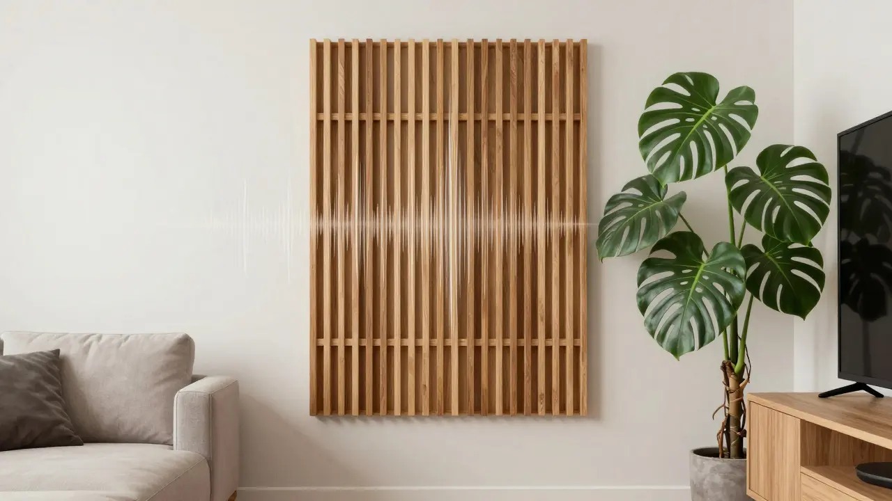 Akustikpanel als Holzlamellen-Design an der Wand, ergänzt durch eine große Monstera-Pflanze.