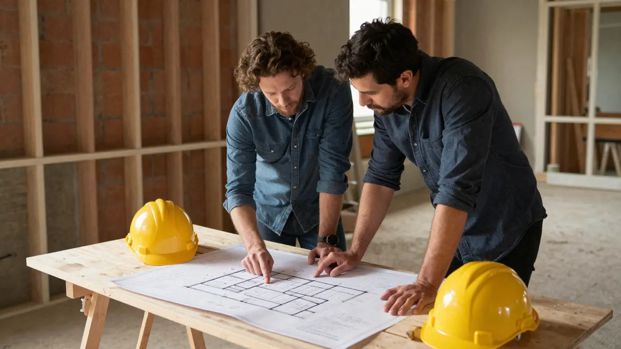 Architekt und Klient besprechen Renovierungspläne an Ort und Stelle.