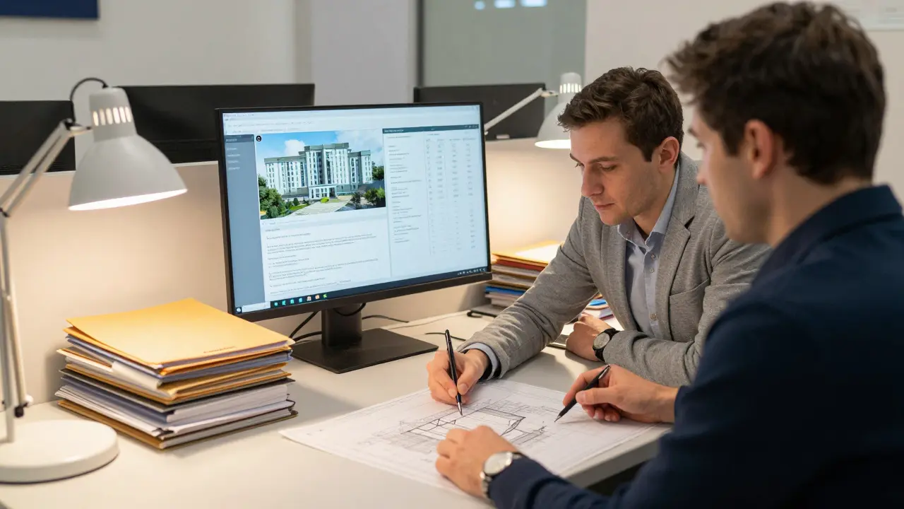 Architekt und Kunde besprechen Baupläne in einem österreichischen Bauamt mit digitalen Modellen und Dokumenten.