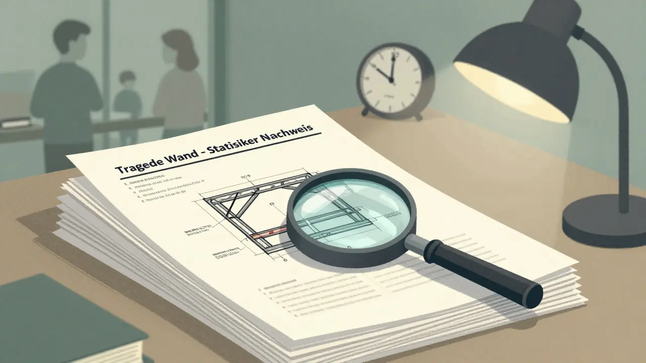 Bauamt mit Aktenstapel und statischem Nachweis, Verfahrensdauer von 12,4 Wochen.