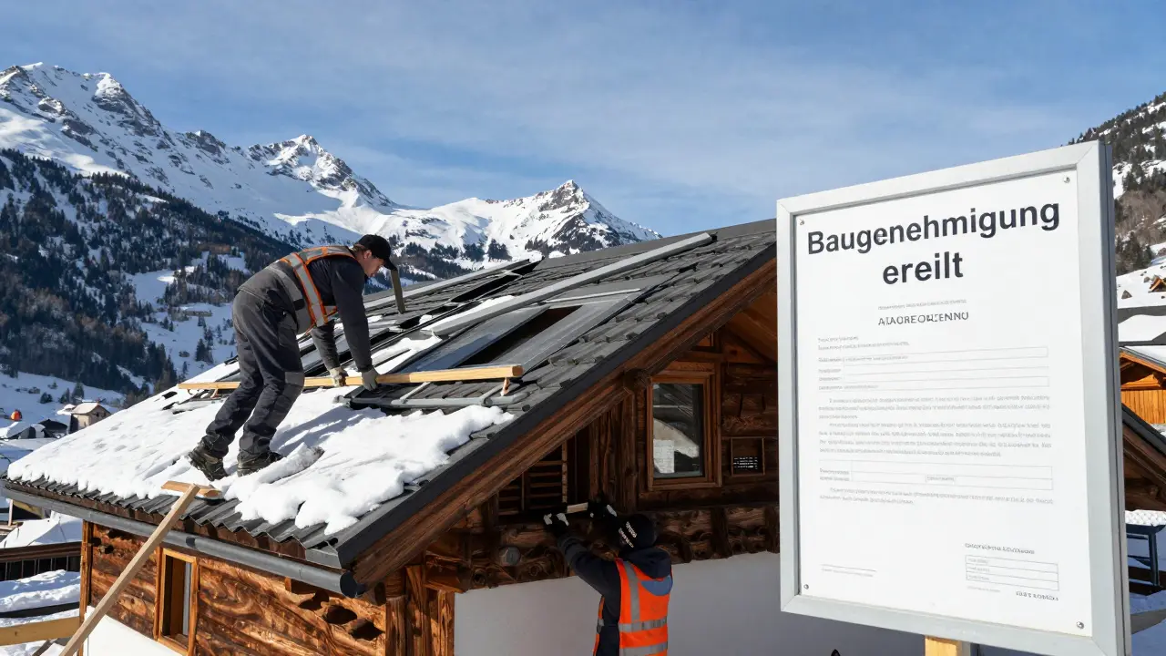 Baugenehmigung an einer Baustelle in den österreichischen Alpen sichtbar, mit traditionellem Dachaufbau und Schneebergen im Hintergrund.